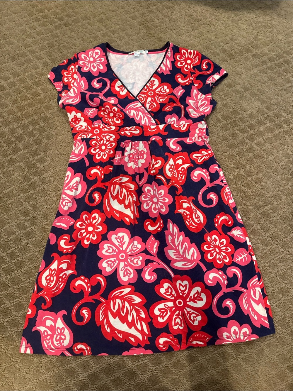 Boden Navy Top with Pink Floral Print and Coral Trim